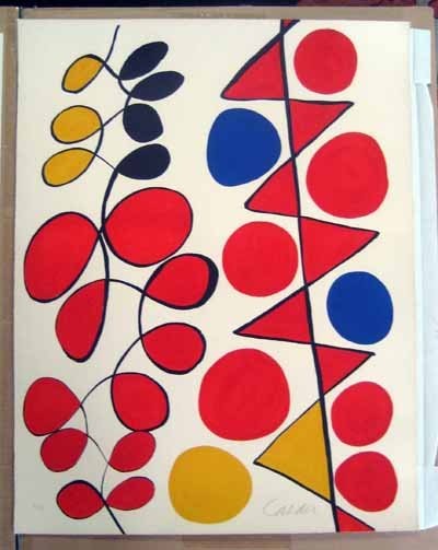 Unframed Alexander Calder "Vertical Flags" Litho: Unframed Alexander Calder color lithograph, "Vertical Flags", signed in pencil lower right Calder #32/100, 30.25" x 23" overall.