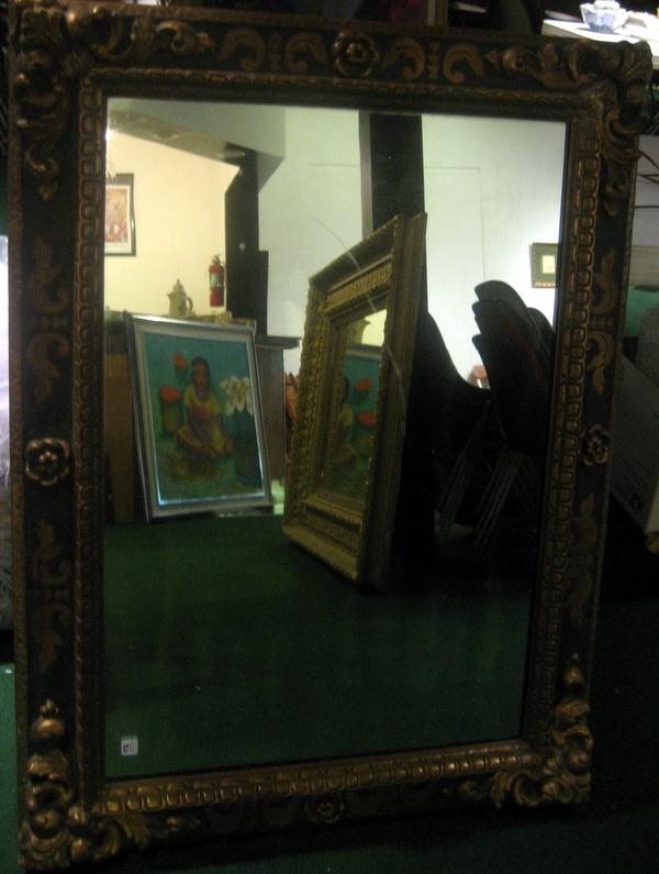 Antique Mirror in Carved Wood & Gesso Frame: Antique mirror in carved wood and gesso frame - scratch in center of mirror, 29.5" x 39.5" overall.
