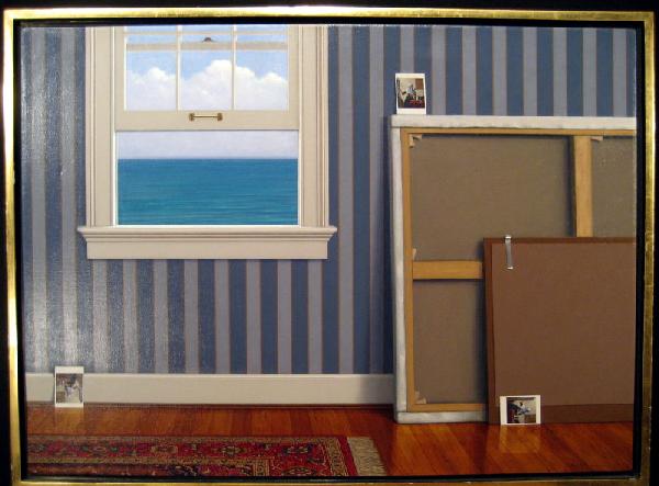 Frank Holmes original oil on canvas "Seaside Studio": Framed Frank Holmes original oil on canvas, interior scene with window overlooking ocean entitled "Seaside Studio", signed lower right Holmes 1995, in narrow gilded frame. Image size: 29.25" x 40". Fr