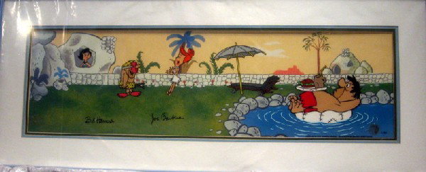 Signed Hanna Barbera Ltd Ed Cartoon Cell: Hanna Barbera limited edition framed cartoon cell with Flinstones, signed in marker Bill Hanna and Joe Barbera #21/350, 17.75" x 43.5" overall.