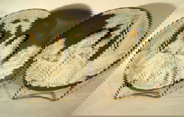 2 Green Jasperware Plates & Bud Vase: Two green Jasperware style plates decorated with figures - hand damaged on 1 plate, 9.25" diameter and bud vase, 7" high. Age: vintage.