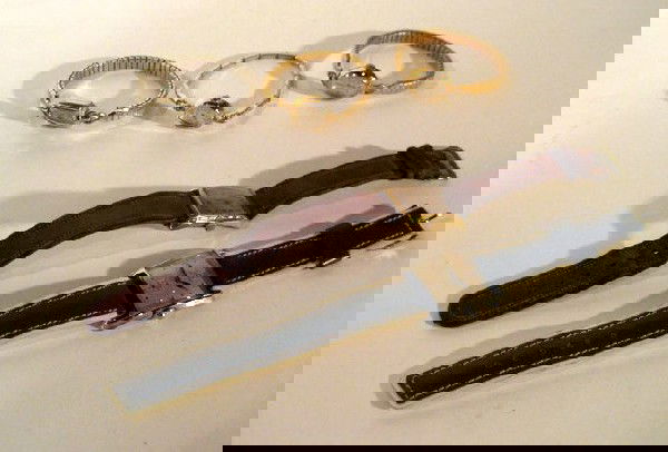 5 Miscellaneous Wrist Watches: Five miscellaneous wrist watches: ladies 1950's yellow metal manual Whittnauer watch; man's 1930's yellow metal manual 17 jewel Bulova rectangular watch , marked 8-10K gold filled case, #7484967, with