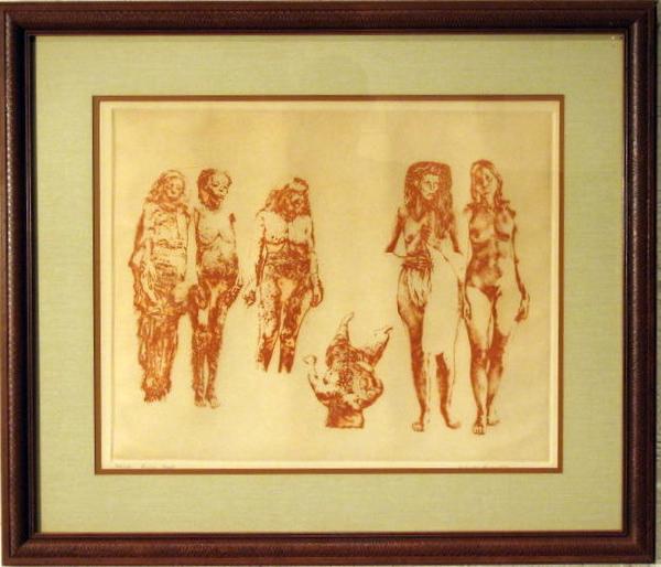 Framed Ltd Ed Lithograph "First Nerve": Framed limited edition lithograph of women entitled "First Nerve", signed in pencil Herbert Fink 1976 #66/100), 25" x 29.5" overall. Age: vintage.