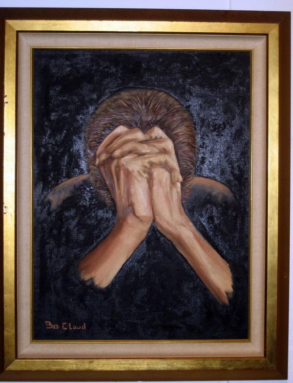Framed Oil on Canvas, Praying Hands: Framed oil on canvas, praying hands, signed lower left Bee Cloud, 31" x 24" overall. Age: Vintage.