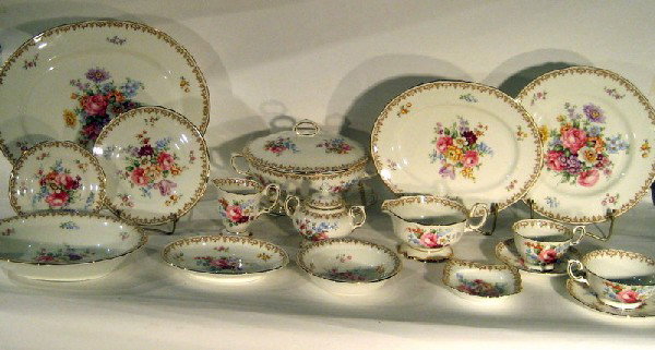 89 Pcs Crown Staffordshire "England Bouquet" Dinnerware: Crown Staffordshire, "England Bouquet" pattern, dinnerware: 14 dinner plates, 14 salad plates, 13 bread plates, 12 soup bowls, 14 cups, 15 saucers, 2 platters, ashtray, candy dish, gravy boat, lidded 