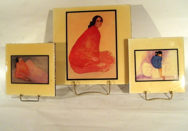 3 Ceramic Tiles with Artwork of R.C. Gorman 1932: Three ceramic tiles decorated with artwork of R.C.Gorman - (2) 8" squares, (1) 12" square -Vintage