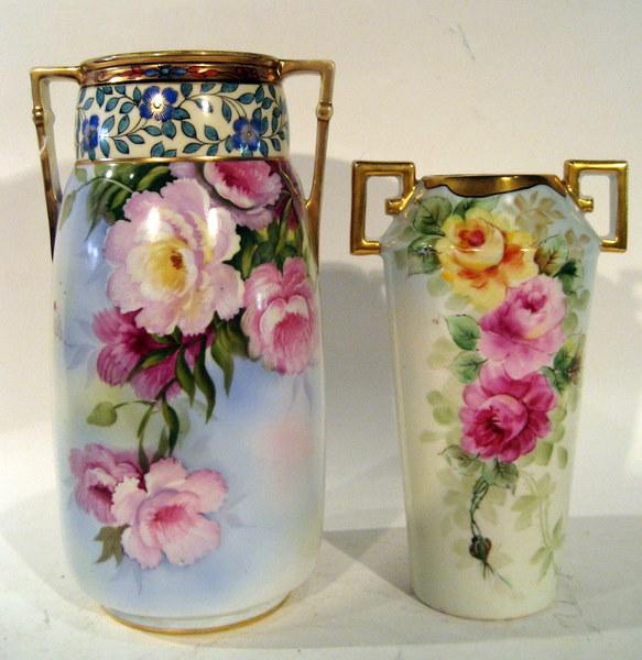 2 Hand Painted Vases: Noritake & C.T. Altwasser Silesia: Two hand painted vases: "Noritake Hand Painted Made in Japan" two-handled vase decorated with roses & "C.T. Altwasser Silesia" two-handled also decorated with roses - 11" and 9" high - Antique.