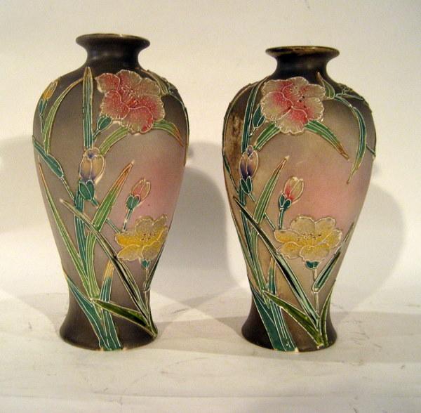 Pr Royal Nippon Ceramic Vases - Applied Flowers: Pair Royal Nippon glazed ceramic vases decorated with applied flowers and leaves - 9" high - Antique