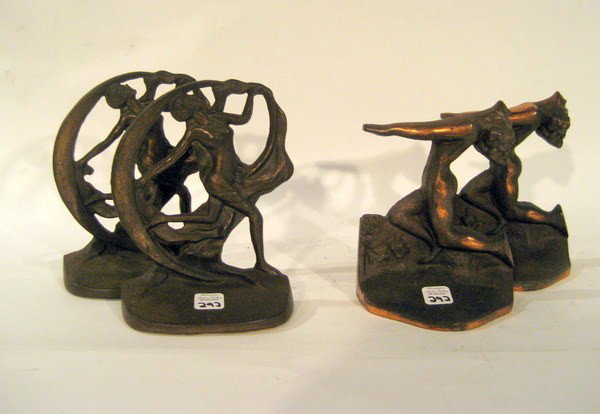 2 Pair Cast Iron Figural Art Deco Bookends, Antique: Two pair cast iron Art Deco bookends, both pair approx 5" high - Antique.