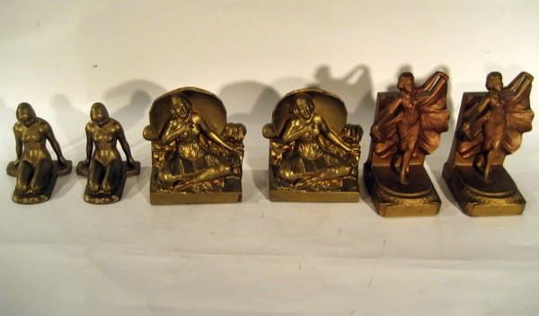 3 Pr Art Deco Spelter Bookends, Nude Women, Antique: Three pair Art Deco spelter bookends decorated with women - 4.75" to 7.25" high - Antique.