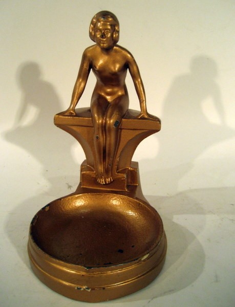 Gilded Art Deco tazza w/ nude woman seated on pedestal: Gilded Art Deco tazza with nude woman seated on pedestal, 8" high -Antique.
