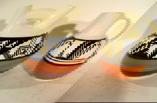 Two glazed Ute Mountain pottery items: double throat va: Two glazed Ute Mountain pottery items: double throat vase, signed Ruth Root and pitcher, signed Donna Bancroft - 6.25" and 6" high.