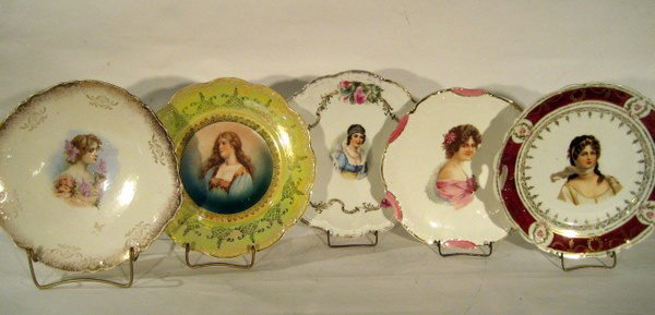 5 Porcelain Transfer Printed Plates, Antique, Limoges: 5 Porcelain transfer printed plates decorated with women - one marked Limoges - some scratching - antique - approx. 10" diam