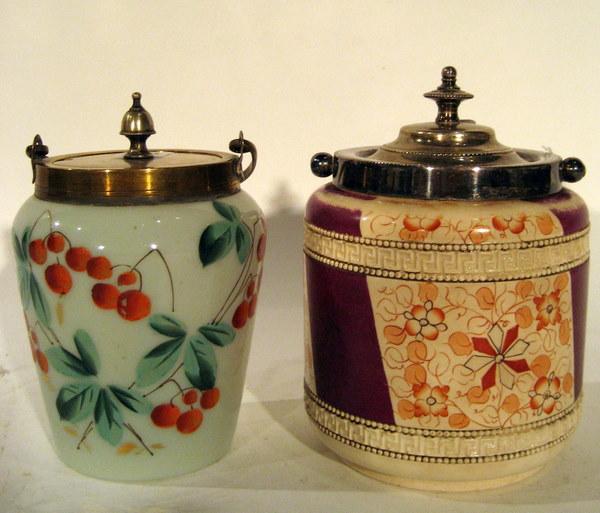 2 Mustard Pots: Ceramic w/Flowers, Glass w/Cherries: Two mustard pots: unmarked ceramic decorated with flowers and glass decorated with cherries and leaves - antique - both 5.25" high