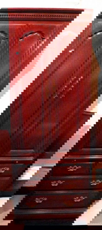 Thomasville Walnut Armoire w/Upper Closet & 3 Drawers : Thomasville walnut armoire with upper closet and three lower drawers, brass pulls - 78" high x 28.25" wide - modern.