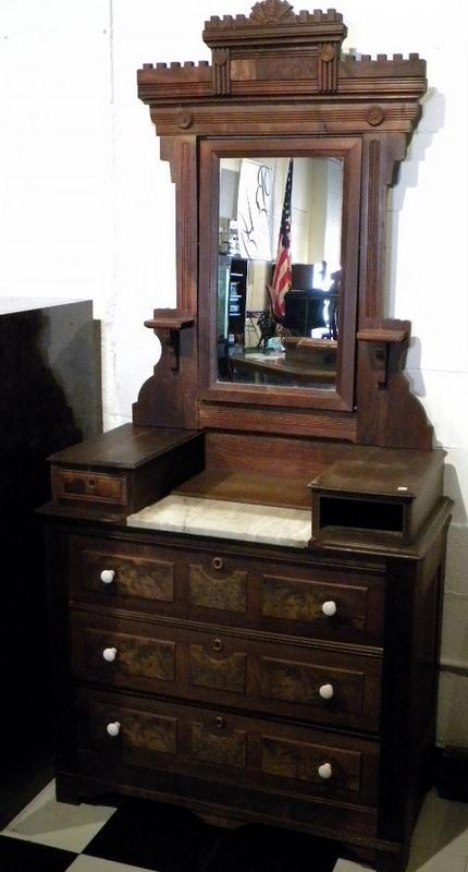 Victorian Walnut Dresser, High Back Mirror w/ Marble: Victorian walnut dresser with high back mirror, 2 hankie drawers, white marble insert and 3 full drawers with porcelain pulls - 82" high x 39" wide - antique - missing one hankie drawer.