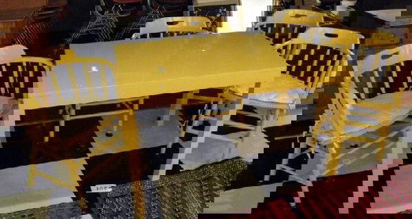 Vintage Chrome Yellow Enameled Dining Table Set: Vintage chrome yellow enameled dining set with table and 4 armchairs - 29" high x 30" wide x 48" deep - vintage