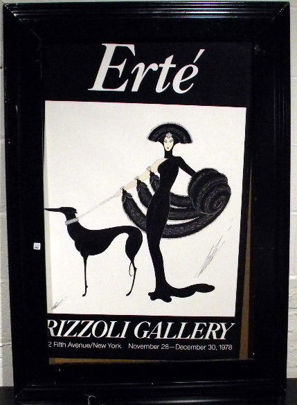 Erte "Symphony in Black" Poster, Rizzoli Gallery 1978: Art Deco Erte poster decorated with a woman with her dog, marked Rizzoli Gallery 1978, framed - minor damage to frame, tear, missing glass - 45.25" x 32.25" overall - vintage.