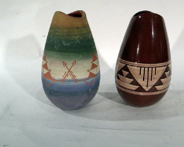 2 American Indian Vases: Signed P. Red Elk & Coyote: 2 Native American Indian vases: brown glazed signed P. Red Elk and painted unglazed signed Coyote - vintage - both 7.75" high