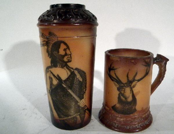 2 Painted White Glass: Native American Indian & Buck: 2 painted white glass items: vase with Native American Indian and mug with large buck - antique - 7.5" high, 4.5" high
