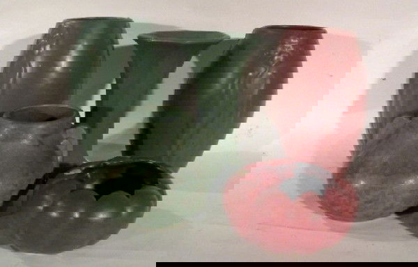 5 Pc Art Pottery: Mulberry & Turquoise Rose Bowl, etc: Art pottery: mulberry & turquoise glazed matching vases, mulberry rose bowl, 2 turquoise vases - from 3" high to 8.5" high - antique.