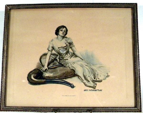 James Montgomery Flagg Print of Young Woman: James Montgomery Flagg print of young woman seated next to a smoking pipe - vintage - 11.75" x 14.75" overall.
