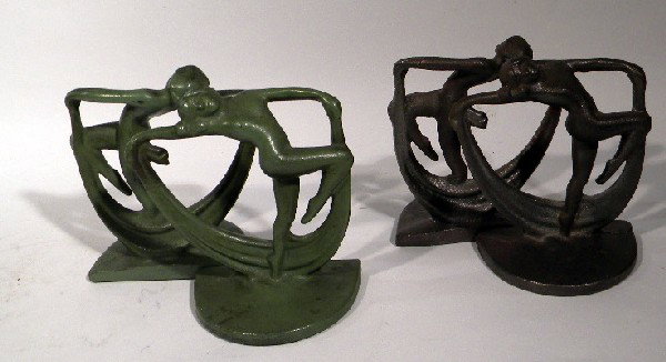 2 Pr Cast Iron Figural Art Deco Bookends, Antique: Two pair cast iron Art Deco bookends - antique- both pair approx 5" high.