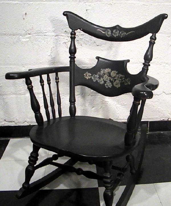Black Painted Rocking Armchair, Stencil Decorated, Ant.: Black painted rocking armchair with stencil painted decoration - Antique