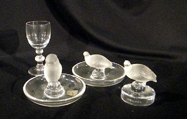 4 small Lalique items: pheasant ashtray, owl ashtray, p: 4 small Lalique items: pheasant ashtray, owl ashtray, pheasant paperweight and small cordial - Birds 2.5" high, cordial 4" high - Vintage