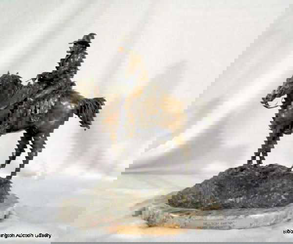 Original Herb Mignery Bronze Sculpture "Hill Top Break": Original Herb Mignery Bronze Sculpture of a Cowboy on Horseback "Hill Top Break" signed and numbered 14/20 on base of Gray Marble, 9.75" high - Vintage