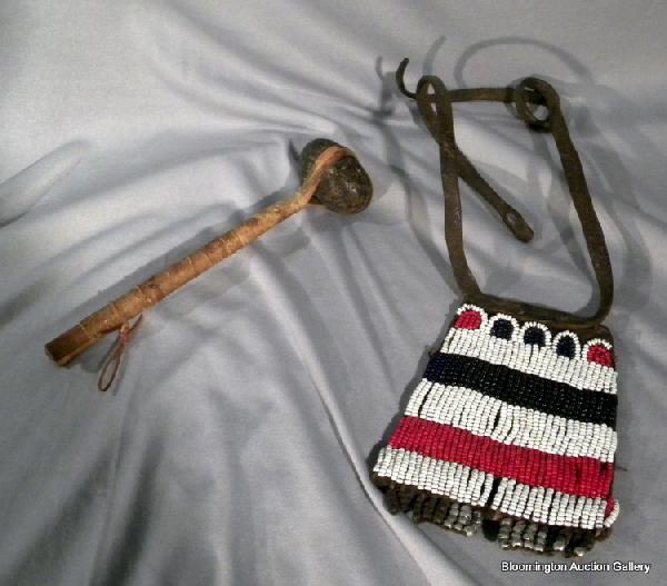 Two Native American Indian Items: Beaded chest ornament: Two Native American Indian Items: Beaded chest ornament with buffalo rawhide strap and small wood handled war club. Club 10" long- Antique