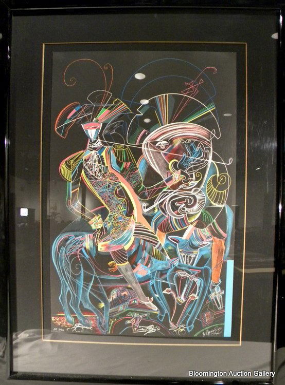 Framed Abstract Lithograph "Les Paysages Russes" Chemia: Framed abstract Lithograph entitled "Les Paysages Russes" by Mihail Chemiakin, in wide black frame, 43" x 32" overall - Vintage.