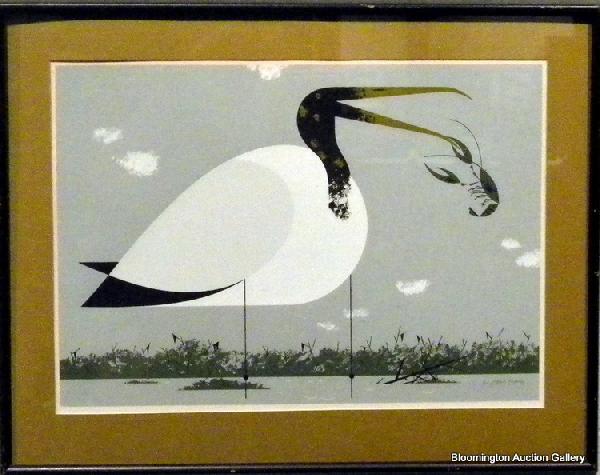Framed Print of Bird & Crawfish signed Charles Harper: Framed Print of Bird (Waterfowl) and Crayfish/Crawfish signed Charles Harper - 18"x 23.5"-Vintage