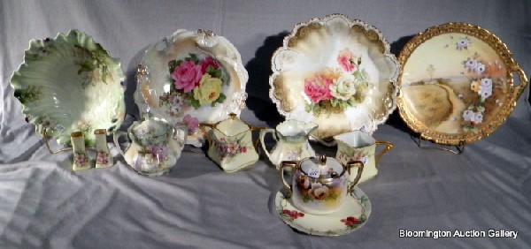 Collection of Porcelain items: R.S. Prussia, Nippon, Ba: Collection of Porcelain items: 3 Round Bowls- one R.S. Prussia, R.S. Prussia sugar and lidded creamer, Nippon sugar and plate, Bavarian lidded sugar, creamer, plate and pair salts - Antique