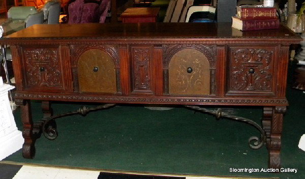 Mahogany Side Board with Carved Door fronts, 2 central : Mahogany Side Board with Carved Door fronts, 2 central drawers, 2 side cupboards, and wrought iron supports at base with matching china cupboard - antique - sideboard measures 78" long, cupboard measu