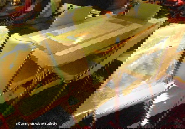 1950's Vintage Chrome Framed Dining Set: 1950's Chrome Framed Dining set with green marble and faux wood laminate top, one leaf, with five chairs with new vinyl and one extra seat and back. Leaf measuring 12". Table 30" High with top 35.5" x