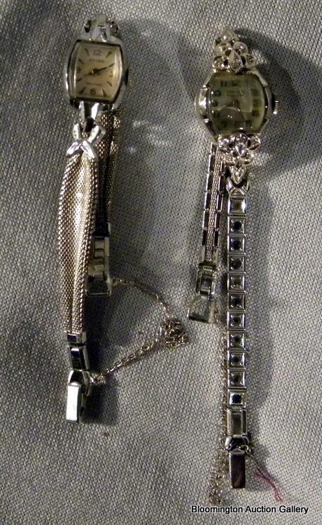 Two Ladies Watches: Gruen 14 K white gold set with smal: Two Ladies Watches: Gruen 14 K white gold set with small diamonds and Gruen 10 K white gold filled watc. Vintage