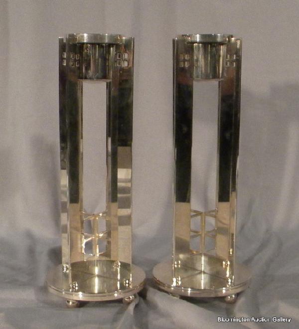 Pair Silver Plated Candlesticks signed Powell : Pair of Ornate, Silver Plated Candlesticks signed on base: Swid Powell. 9" High