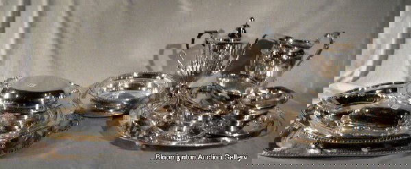 Large Collection of Silver Plated Items Including:: Large Collection of Silver Plated Items Including: a Rectangular Serving Tray, Two Oval Fish Platters, an Oval Platter, a Lidded Vegetable Tureen, Water Pitcher, Coffee Pot, Round Bowl, Round Tray, Tw