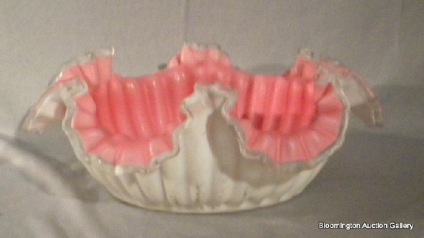 Victorian Pink to White Cased Glass Brides' Bowl: Victorian pink to white cased glass brides' bowl with ruffled rim - minor hairline crack, 4.5" high, 12.5" across - Antique