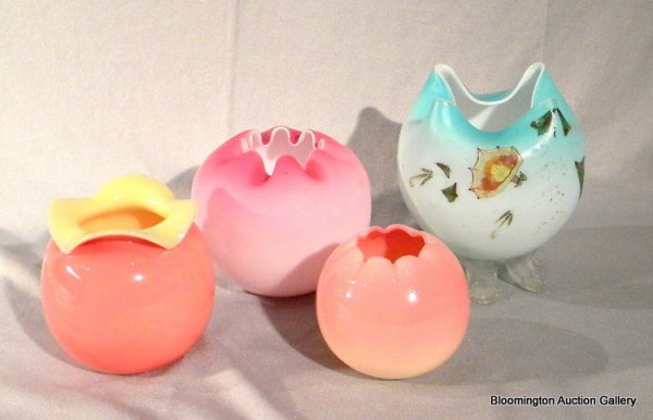 4 Glass Rose Bowls: Blue, Red & 2 Glossy Burmese: Four glass rose bowls: blue cased glass with applied feet; red cased glass and two glossy Burmese, 3" to 5.5" high - Antique & Vintage.
