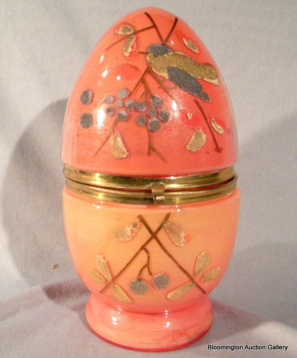 Chekoslovakian Painted Glass Egg-Shaped Liqueur Set: Chekoslovakian painted glass egg-shaped liqueur set: holder with small decanter and six small shot glasses, 9" high - Vintage