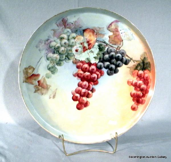 T&V Limoges Hand Painted Porcelain Serving Tray: T&V Limoges hand painted porcelain serving tray decorated with grapes and leaves, 13.5" diameter - Antique.