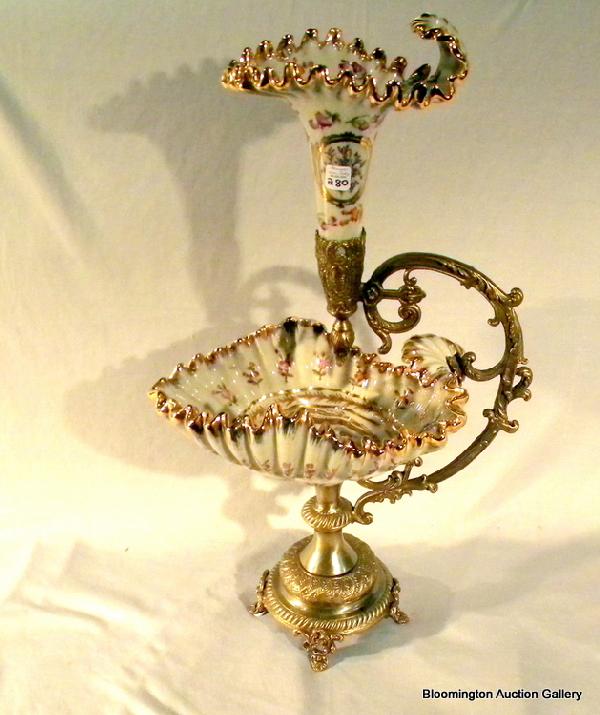 Modern Brass Mounted Porcelain Epergne: Brass mounted epergne with central porcelain vase and lower bowl decorated with flowers, 22" high - Modern.