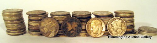 110 Dimes - Mercury Heads, Roosevelt, pre-1915: 48 US Mercury Head Dimes, 52 Roosevelt Dimes pre-1964, 10 pre-1915 dimes ***PLEASE NOTE, EXPRESS SHIPPING AVAILABLE FOR THIS ITEM: For an additional handling fee of $15.00, this item will be shipped w