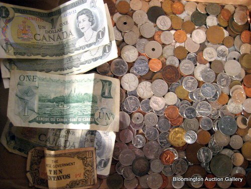 Lg Lot of Foreign Money: Large collection of foreign money including primarily Canadian, with British, etc., & 6 Canadian Paper Dollars ***PLEASE NOTE, EXPRESS SHIPPING AVAILABLE FOR THIS ITEM: For an additional handling fee 