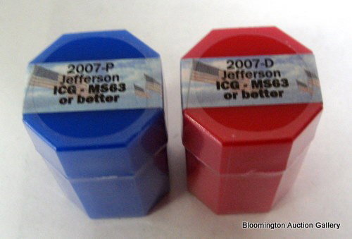 40 Jefferson One Dollar Coins - (20) 2007P & (20) 2007D: Twenty 2007P Jefferson One Dollar Coins and Twenty 2007D Jefferson One Dollar Coins both in ICG capsules MS 63 or better. ***PLEASE NOTE, EXPRESS SHIPPING AVAILABLE FOR THIS ITEM: For an additional ha