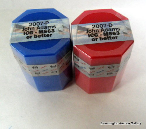 40 John Adams One Dollar Coins- (20) 2007P & (20) 2007D: Twenty 2007P John Adams One Dollar Coins and Twenty 2007D John Adams One Dollar Coins both in ICG capsules MS 63 or better. ***PLEASE NOTE, EXPRESS SHIPPING AVAILABLE FOR THIS ITEM: For an additional 