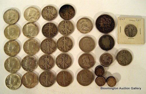 14 Coins: Kennedy Halves, 1904 Morgan, Standing Liberty: 10 Kennedy Half Dollars 1964, 4 Franklin Half Dollars, 1904 Morgan, 11 Standing Liberty Halves, 1903 Half Dollar, 5 Quarters, 13 Dimes ***PLEASE NOTE, EXPRESS SHIPPING AVAILABLE FOR THIS ITEM: For an 