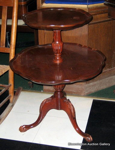 Mahogany two tier side table with round tops, pedestal : Mahogany two tier side table with round tops, pedestal base, carved legs - 30" high x 22" diameter - Vintage ***PLEASE NOTE: FREE SHIPPING for FURNITURE PURCHASES $2,500 and GREATER to Central Pennsyl